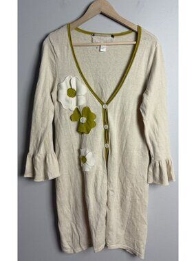 Nick & Mo Floral Applique Cardigan Olive Trim Bell Sleeve Cream Size Large Wm’s